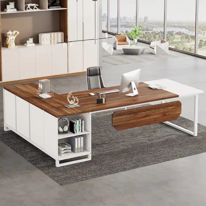 L-Shaped Executive Desk with File Cabinet - Modern Office Desk