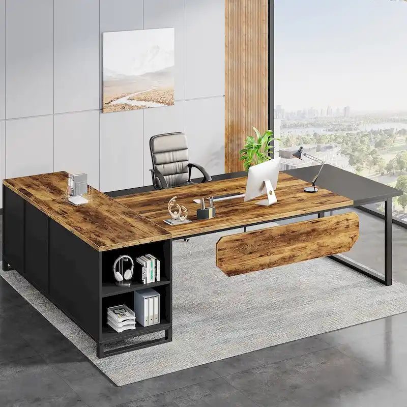 L-Shaped Executive Desk with File Cabinet - Modern Office Desk