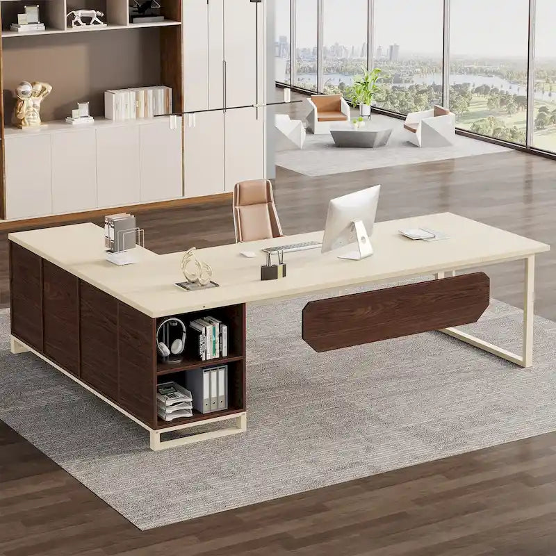 L-Shaped Executive Desk with File Cabinet - Modern Office Desk