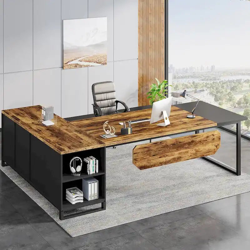 Rustic Brown L-Shaped Desk with File Cabinet, Single-Person Home Office Desk