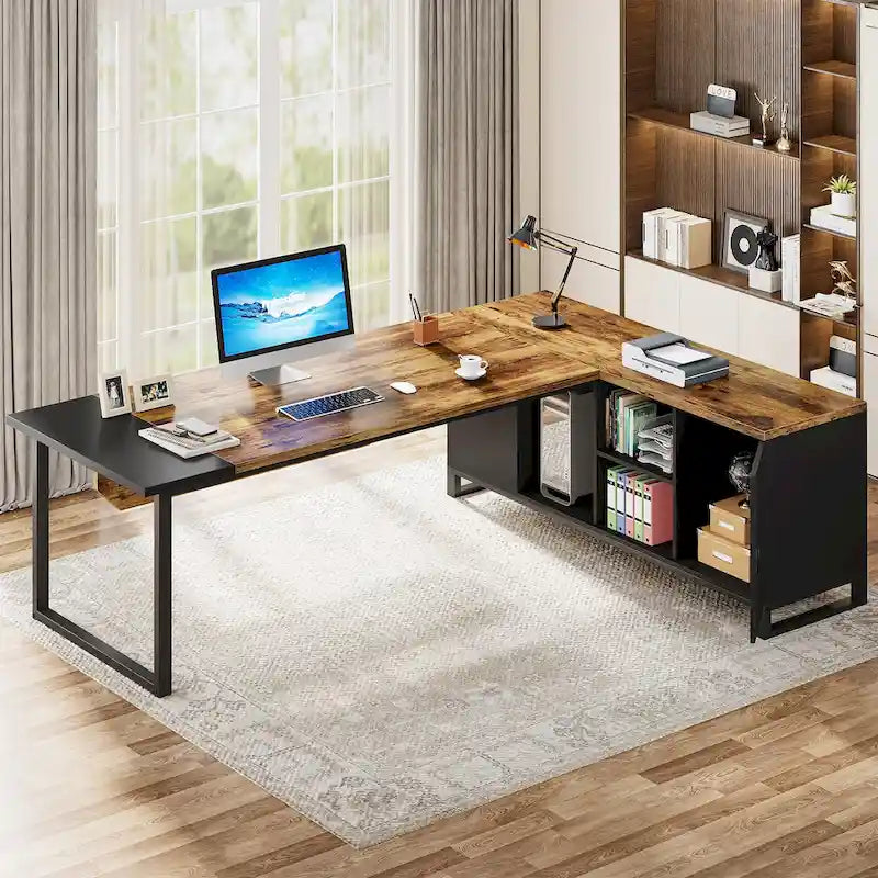 L-Shaped Executive Desk with File Cabinet - Modern Office Desk