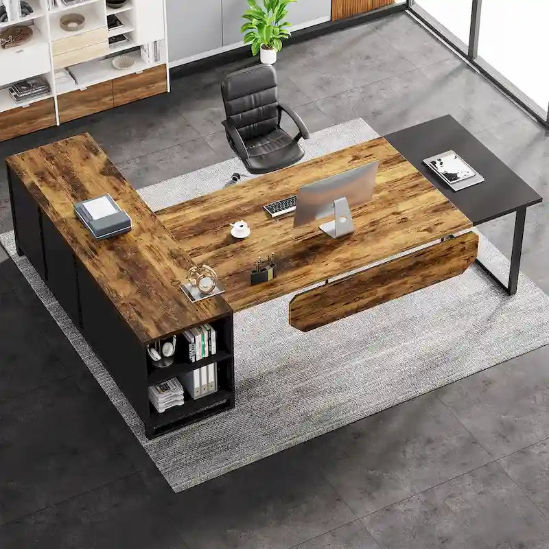 Rustic Brown L-Shaped Desk with File Cabinet, Single-Person Home Office Desk