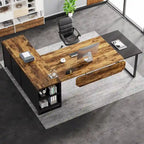 Rustic Brown L-Shaped Desk with File Cabinet, Single-Person Home Office Desk