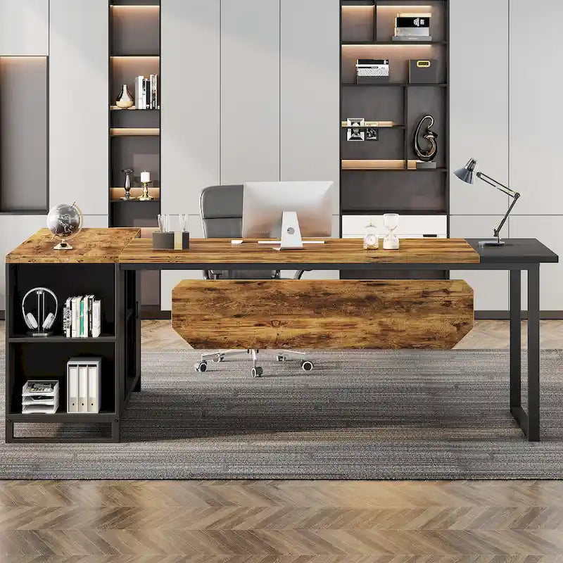Rustic Brown L-Shaped Desk with File Cabinet, Single-Person Home Office Desk