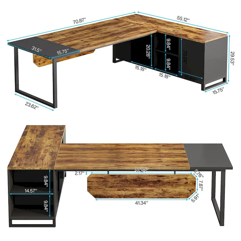 Rustic Brown L-Shaped Desk with File Cabinet, Single-Person Home Office Desk