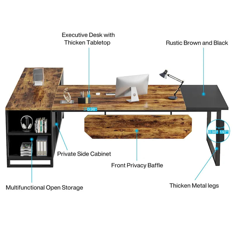 Rustic Brown L-Shaped Desk with File Cabinet, Single-Person Home Office Desk