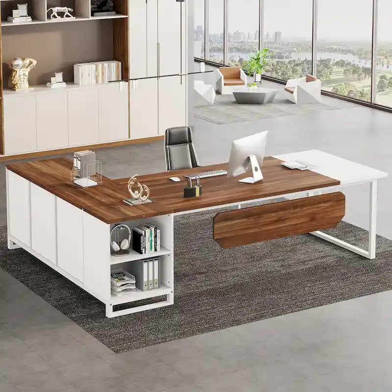 Rustic Brown L-Shaped Desk with File Cabinet, Single-Person Home Office Desk