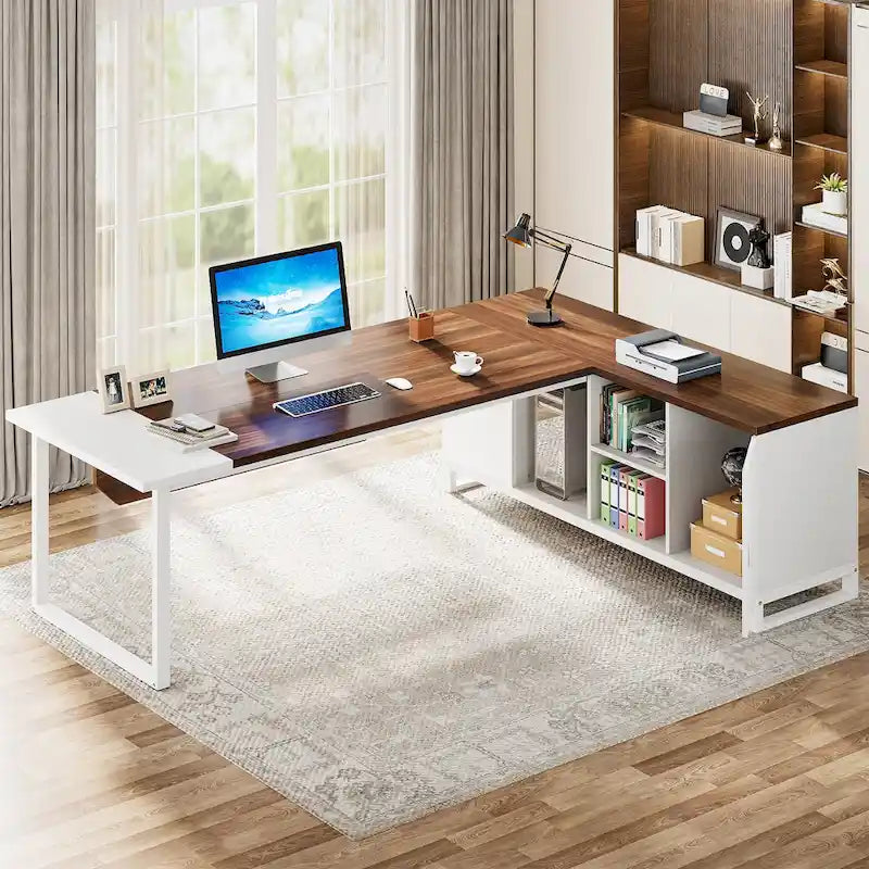 Rustic Brown L-Shaped Desk with File Cabinet, Single-Person Home Office Desk