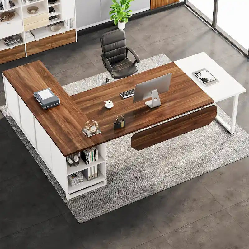 Rustic Brown L-Shaped Desk with File Cabinet, Single-Person Home Office Desk
