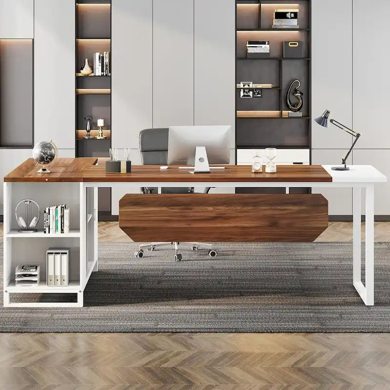 Rustic Brown L-Shaped Desk with File Cabinet, Single-Person Home Office Desk