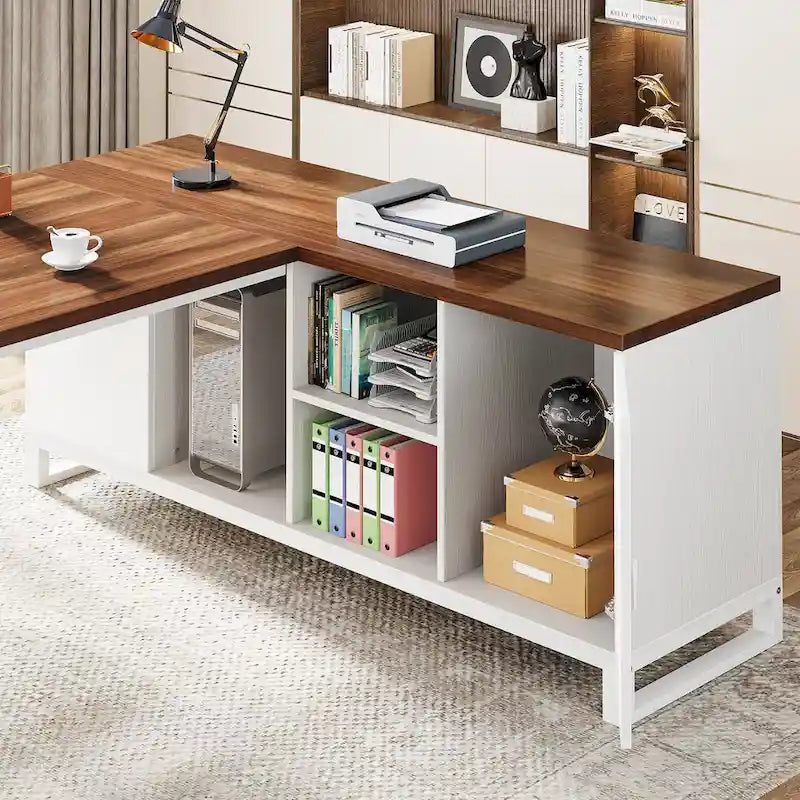 Rustic Brown L-Shaped Desk with File Cabinet, Single-Person Home Office Desk