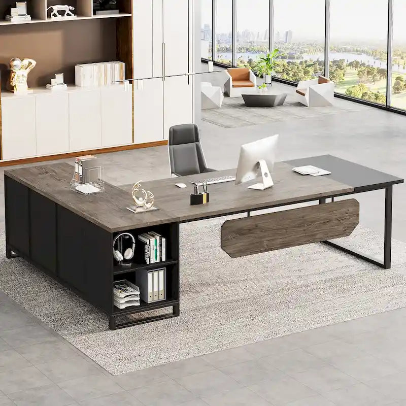 Rustic Brown L-Shaped Desk with File Cabinet, Single-Person Home Office Desk