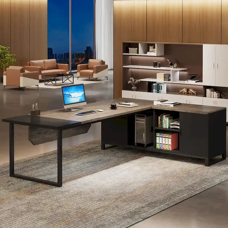 Rustic Brown L-Shaped Desk with File Cabinet, Single-Person Home Office Desk