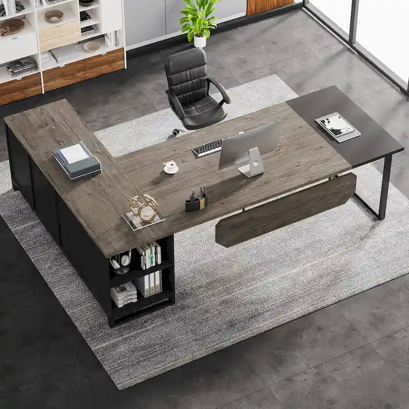 Rustic Brown L-Shaped Desk with File Cabinet, Single-Person Home Office Desk