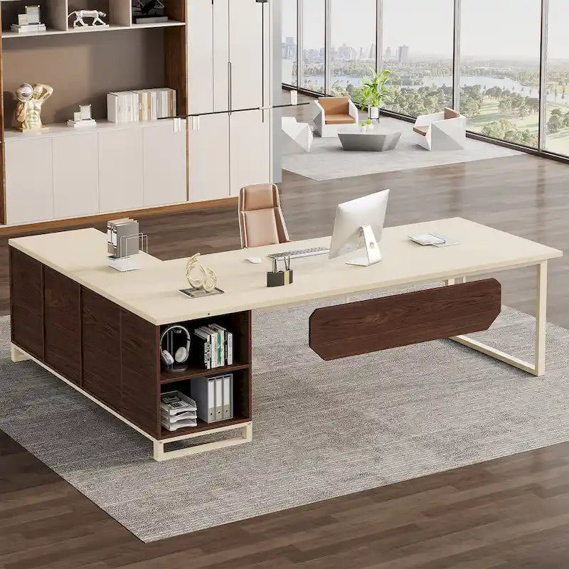 Rustic Brown L-Shaped Desk with File Cabinet, Single-Person Home Office Desk