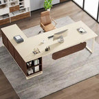 Rustic Brown L-Shaped Desk with File Cabinet, Single-Person Home Office Desk
