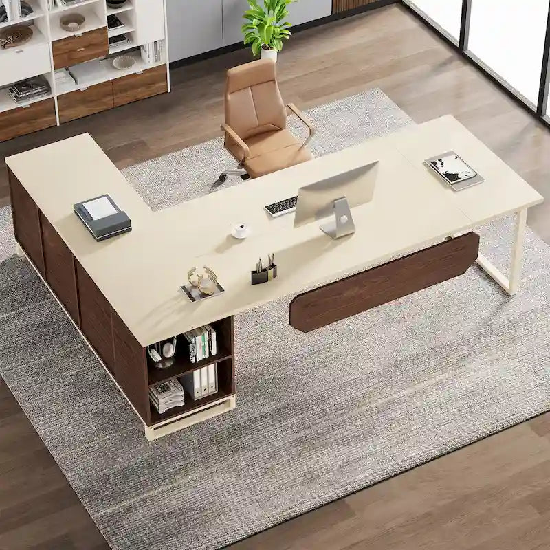 Rustic Brown L-Shaped Desk with File Cabinet, Single-Person Home Office Desk