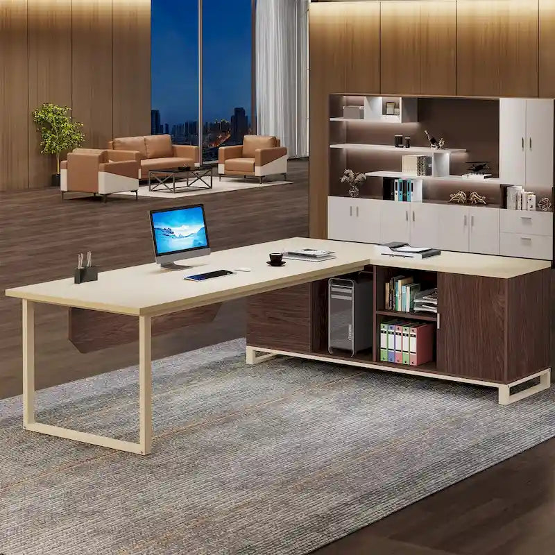 Rustic Brown L-Shaped Desk with File Cabinet, Single-Person Home Office Desk