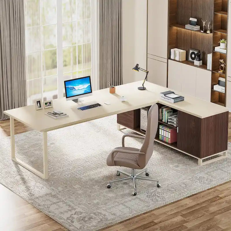Rustic Brown L-Shaped Desk with File Cabinet, Single-Person Home Office Desk