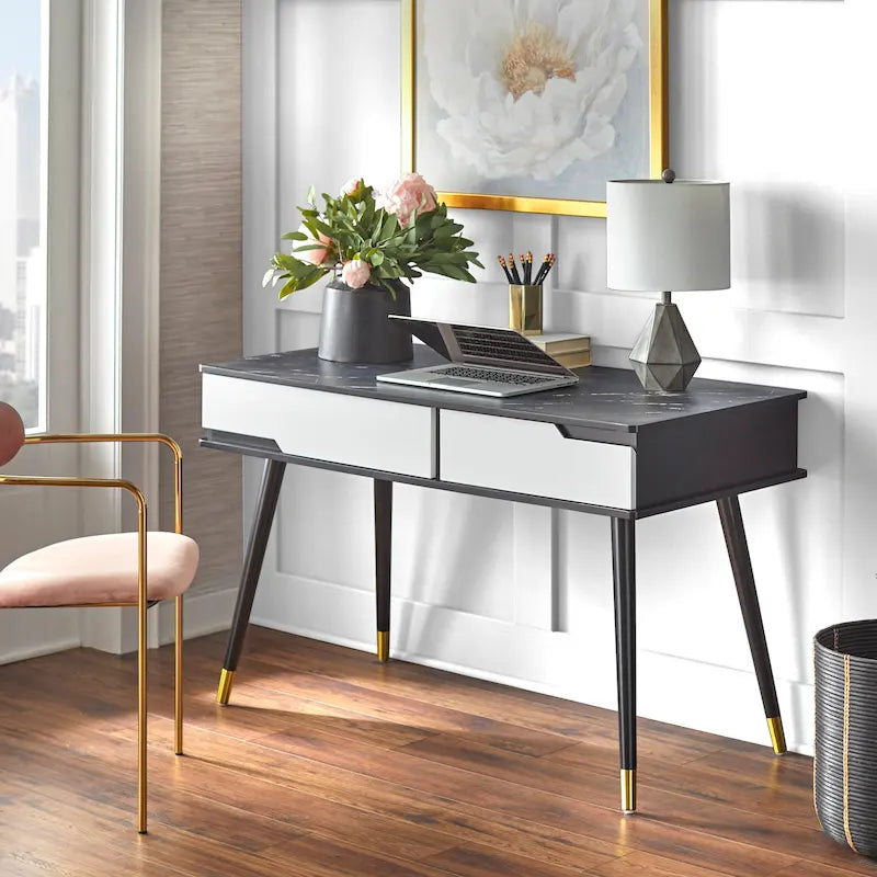 Mid-Century Modern Desk - Black Faux Marble Top - White Drawers