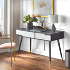 Mid-Century Modern Desk - Black Faux Marble Top - White Drawers