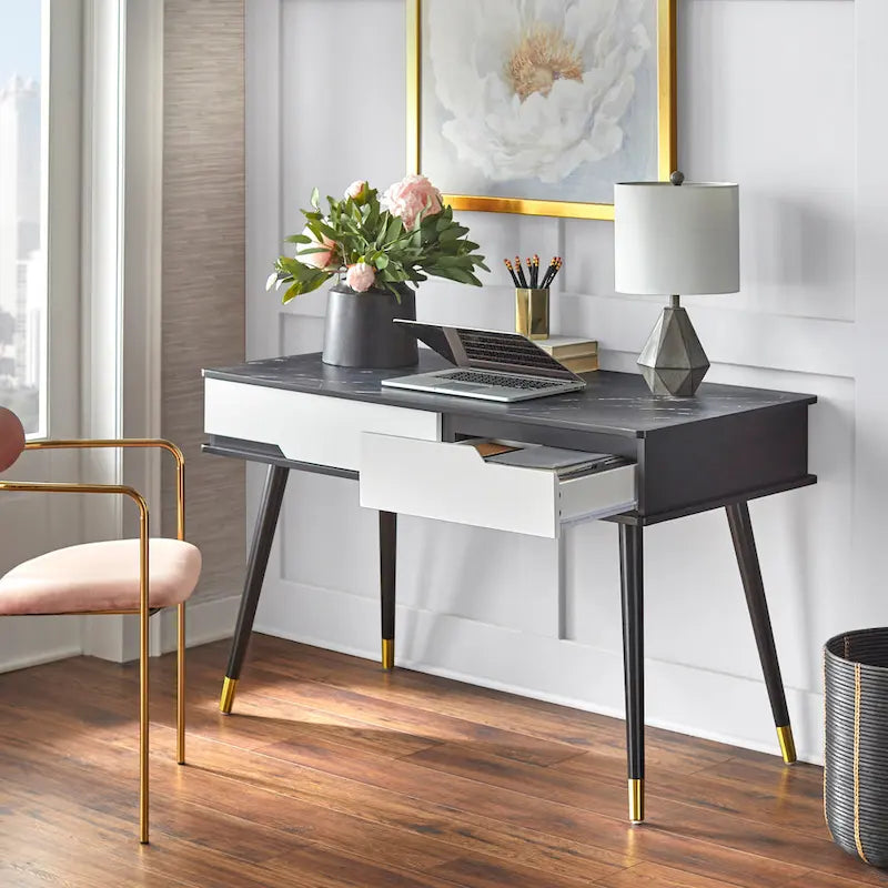 Mid-Century Modern Desk - Black Faux Marble Top - White Drawers