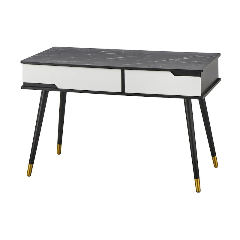 Mid-Century Modern Desk - Black Faux Marble Top - White Drawers