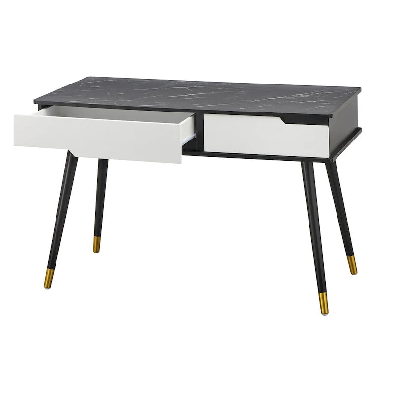 Mid-Century Modern Desk - Black Faux Marble Top - White Drawers