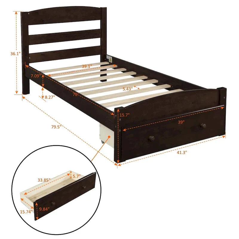 Twin Bed Frame with Storage Drawer - Pine Wood - Classic Style