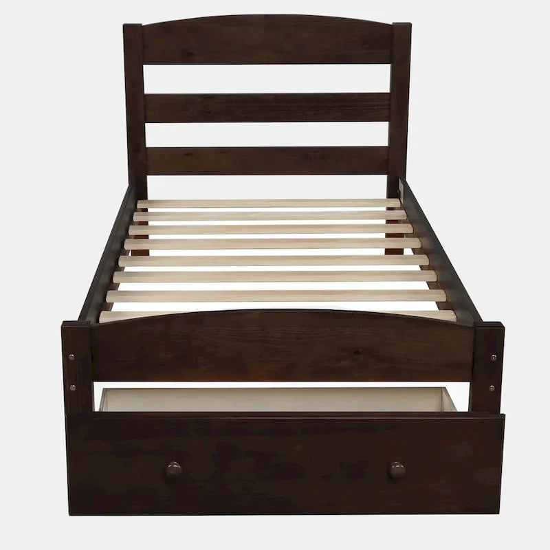 Twin Bed Frame with Storage Drawer - Pine Wood - Classic Style