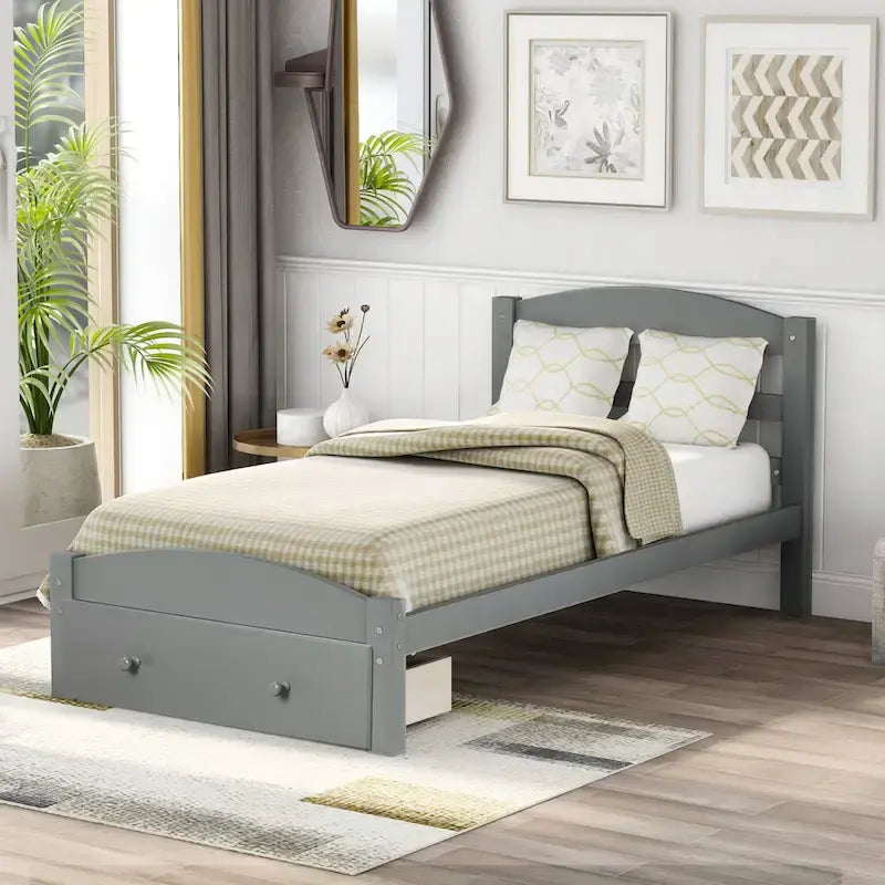 Twin Bed Frame with Storage Drawer - Pine Wood - Classic Style