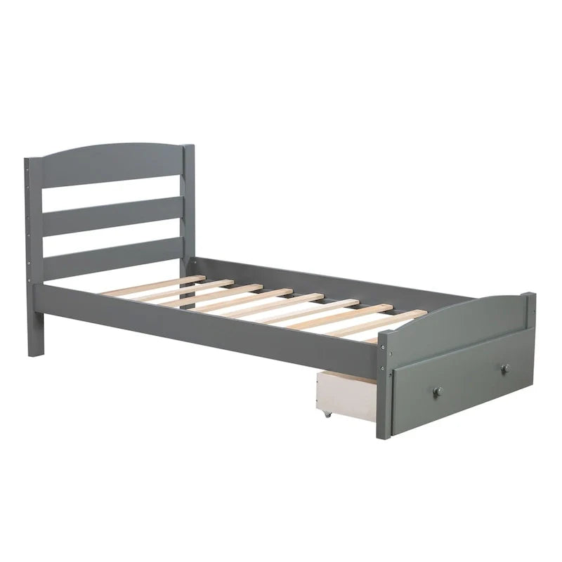 Twin Bed Frame with Storage Drawer - Pine Wood - Classic Style