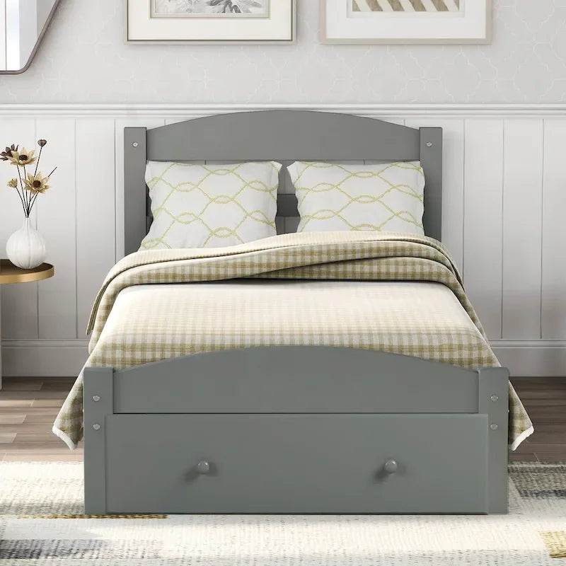 Twin Bed Frame with Storage Drawer - Pine Wood - Classic Style