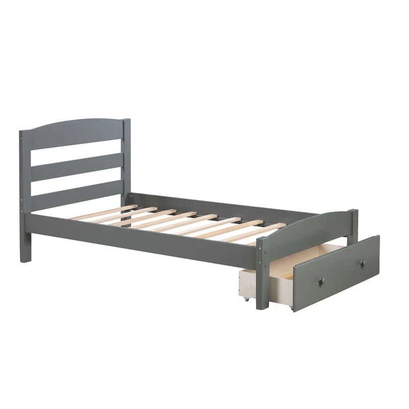 Twin Bed Frame with Storage Drawer - Pine Wood - Classic Style
