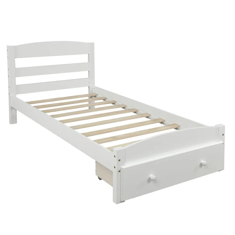 Twin Bed Frame with Storage Drawer - Pine Wood - Classic Style