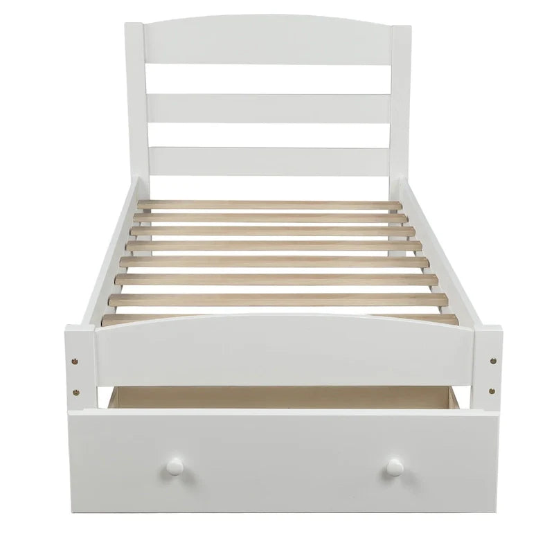 Twin Bed Frame with Storage Drawer - Pine Wood - Classic Style