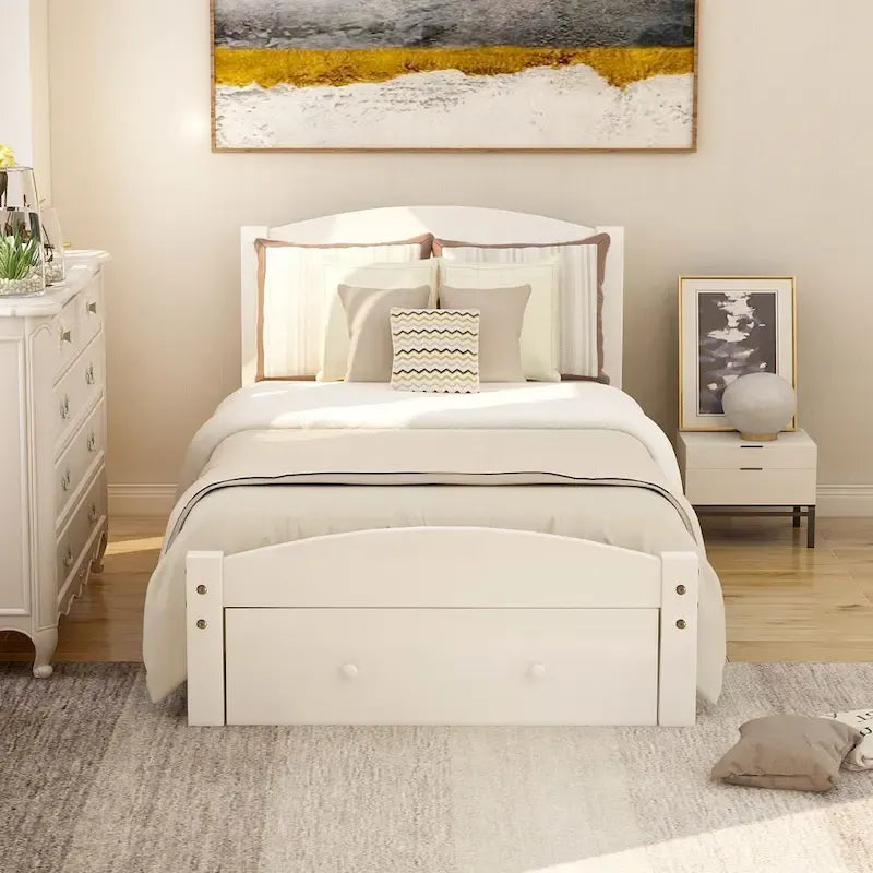 Twin Bed Frame with Storage Drawer - Pine Wood - Classic Style