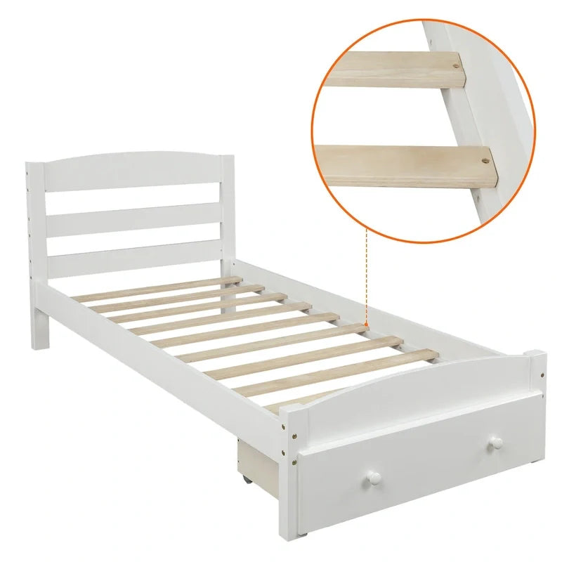 Twin Bed Frame with Storage Drawer - Pine Wood - Classic Style
