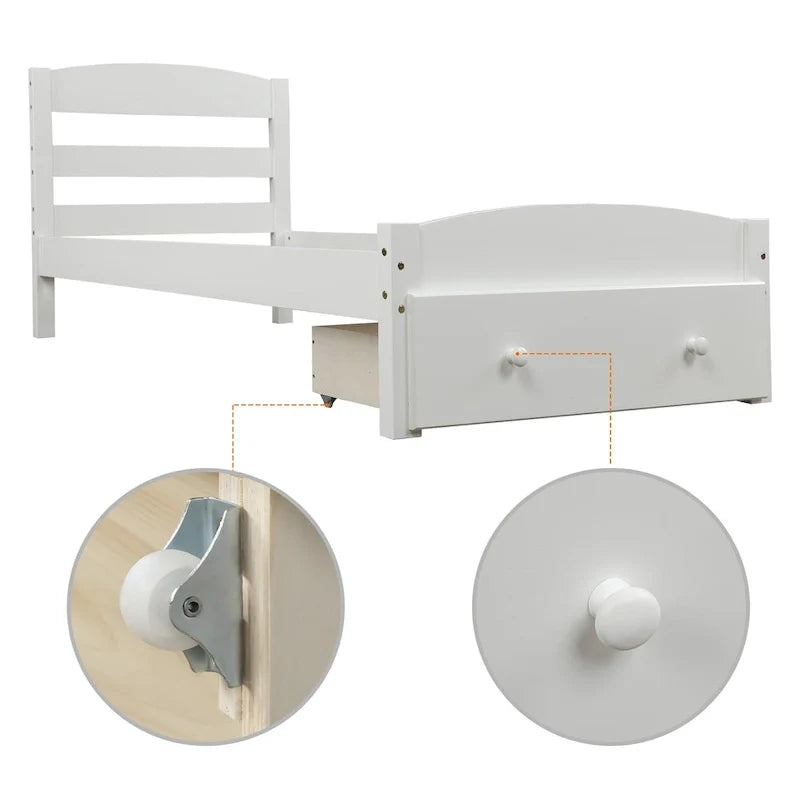 Twin Bed Frame with Storage Drawer - Pine Wood - Classic Style