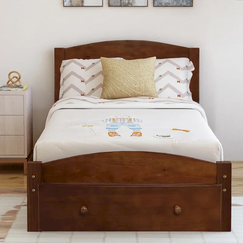 Twin Bed Frame with Storage Drawer - Pine Wood - Classic Style