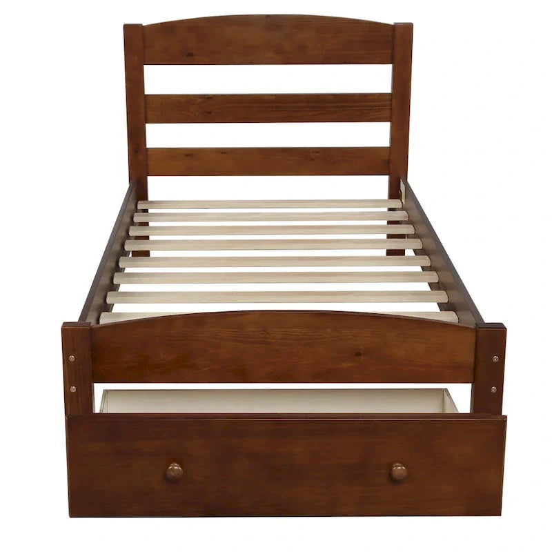 Twin Bed Frame with Storage Drawer - Pine Wood - Classic Style