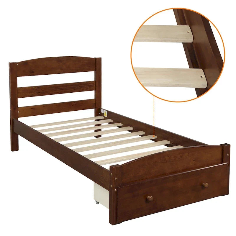 Twin Bed Frame with Storage Drawer - Pine Wood - Classic Style