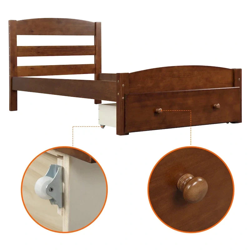 Twin Bed Frame with Storage Drawer - Pine Wood - Classic Style