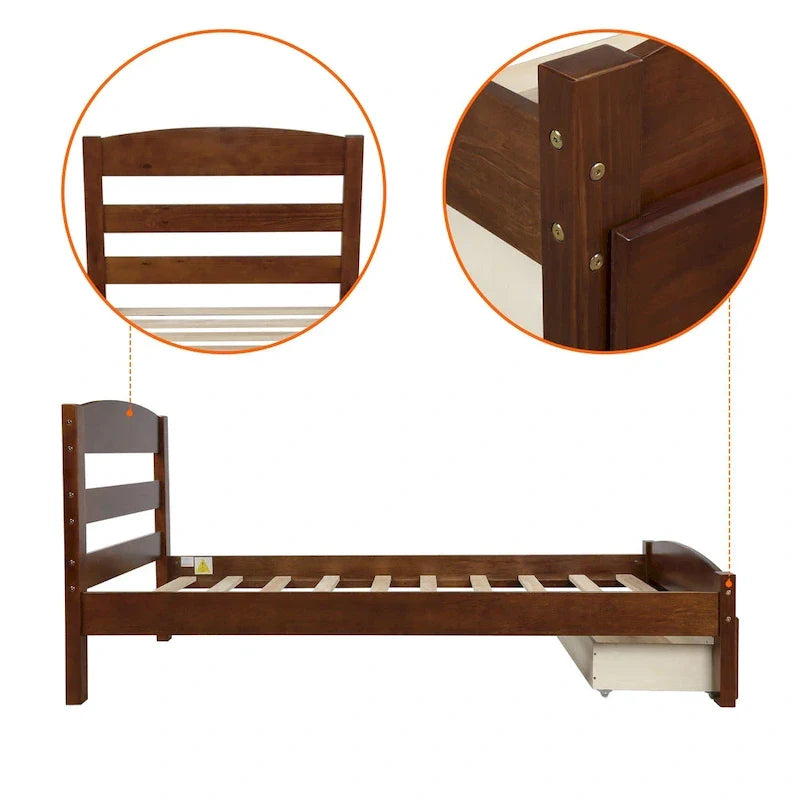 Twin Bed Frame with Storage Drawer - Pine Wood - Classic Style