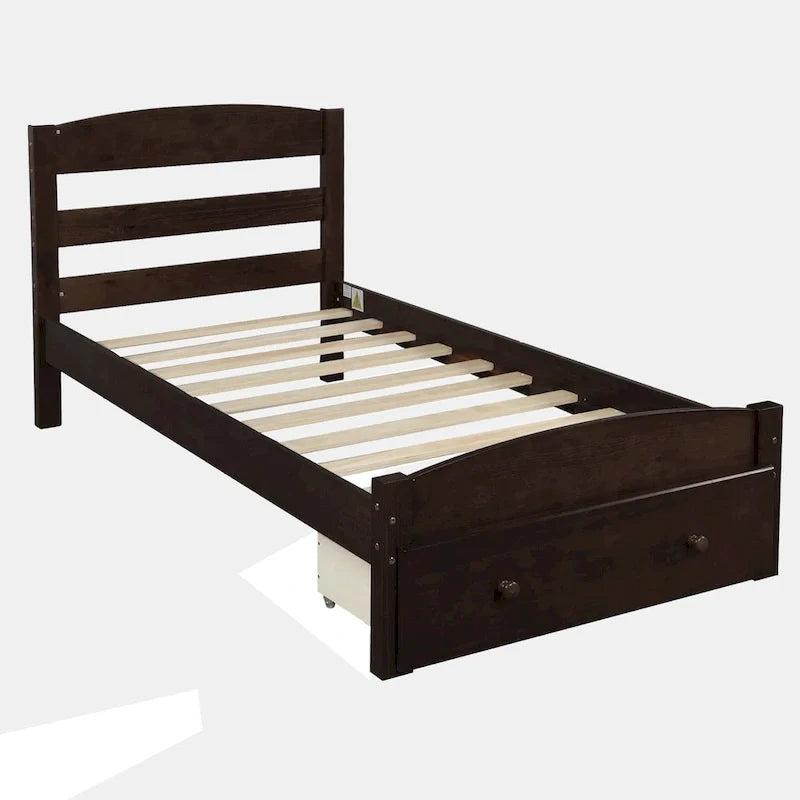 Twin Bed Frame with Storage Drawer - Pine Wood - Classic Style