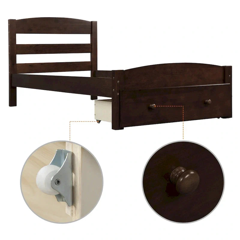 Twin Bed Frame with Storage Drawer - Pine Wood - Classic Style