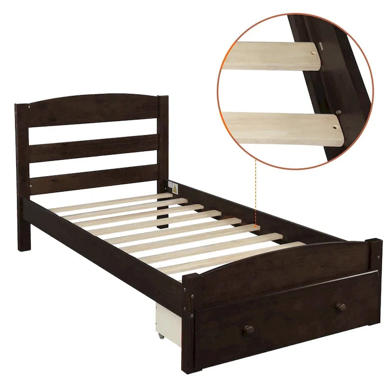 Twin Bed Frame with Storage Drawer - Pine Wood - Classic Style
