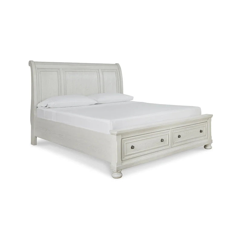 Antique White Sleigh Bed with Storage Footboard – Fits 2, Queen/King/Cal King