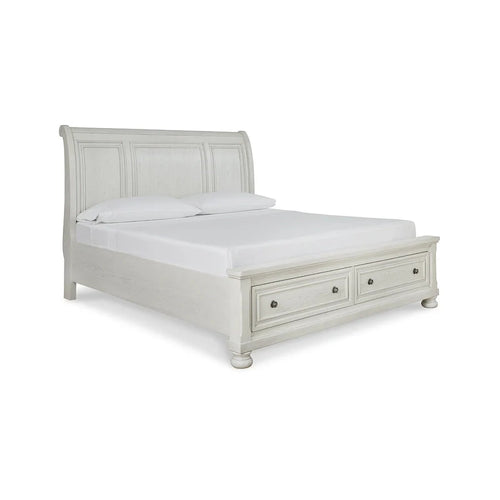 Antique White Sleigh Bed with Storage Footboard – Fits 2, Queen/King/Cal King
