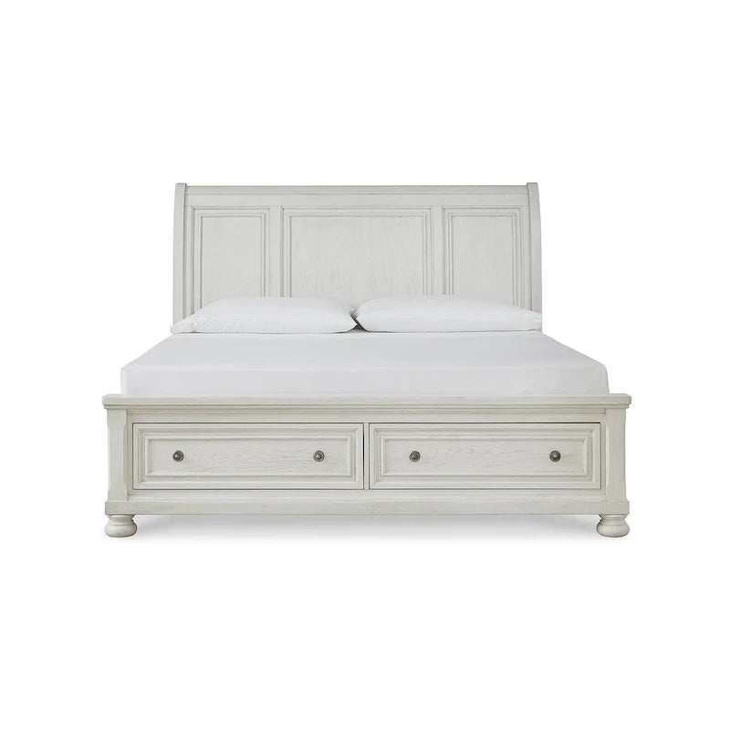 Antique White Sleigh Bed with Storage Footboard – Fits 2, Queen/King/Cal King